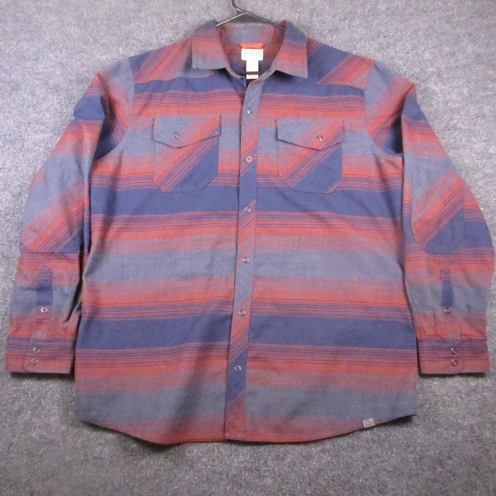 L.L. Bean Shirt Mens XL Blue Stripe Flannel Long Sleeve Snap Pockets Casual